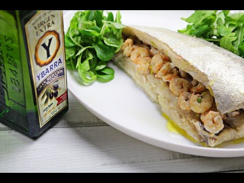 Merluza rellena de gambas con Ybarra Virgen Extra