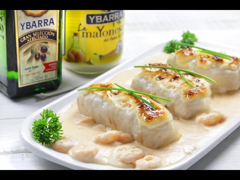 Merluza gratinada con bechamel de gambas