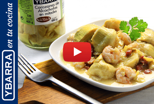 Alcachofas Ybarra con langostinos y jamón