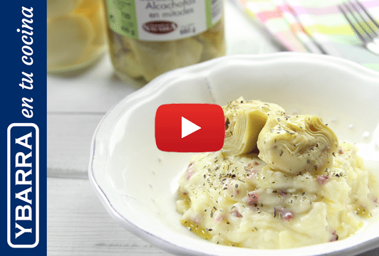 Parmentier de jamón y queso con alcachofas Ybarra