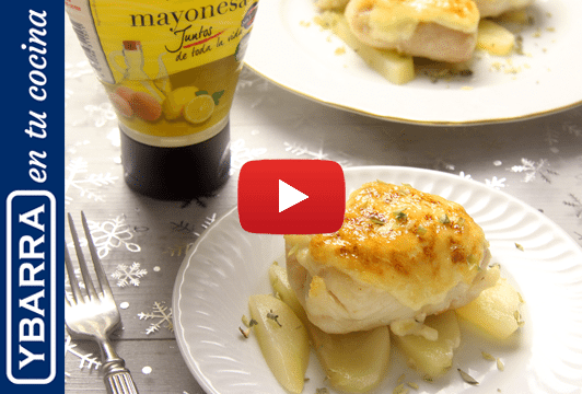 Merluza gratinada con mayonesa de pera