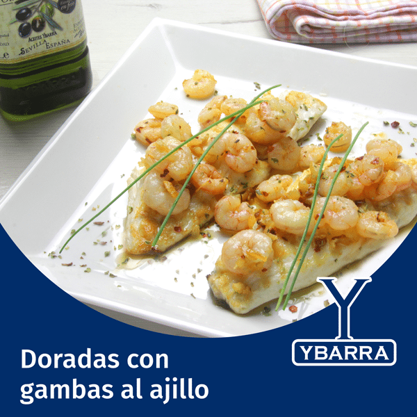 Dorada con gambas al ajillo