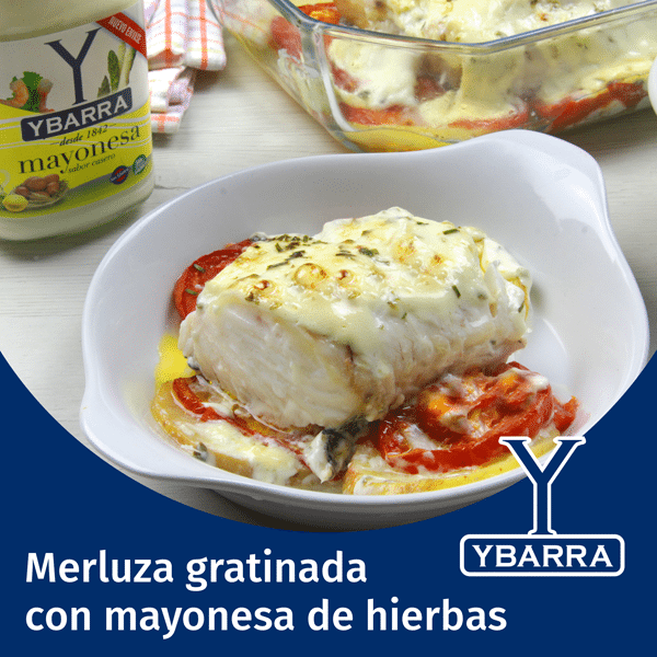 Merluza gratinada con mayonesa a las finas hierbas