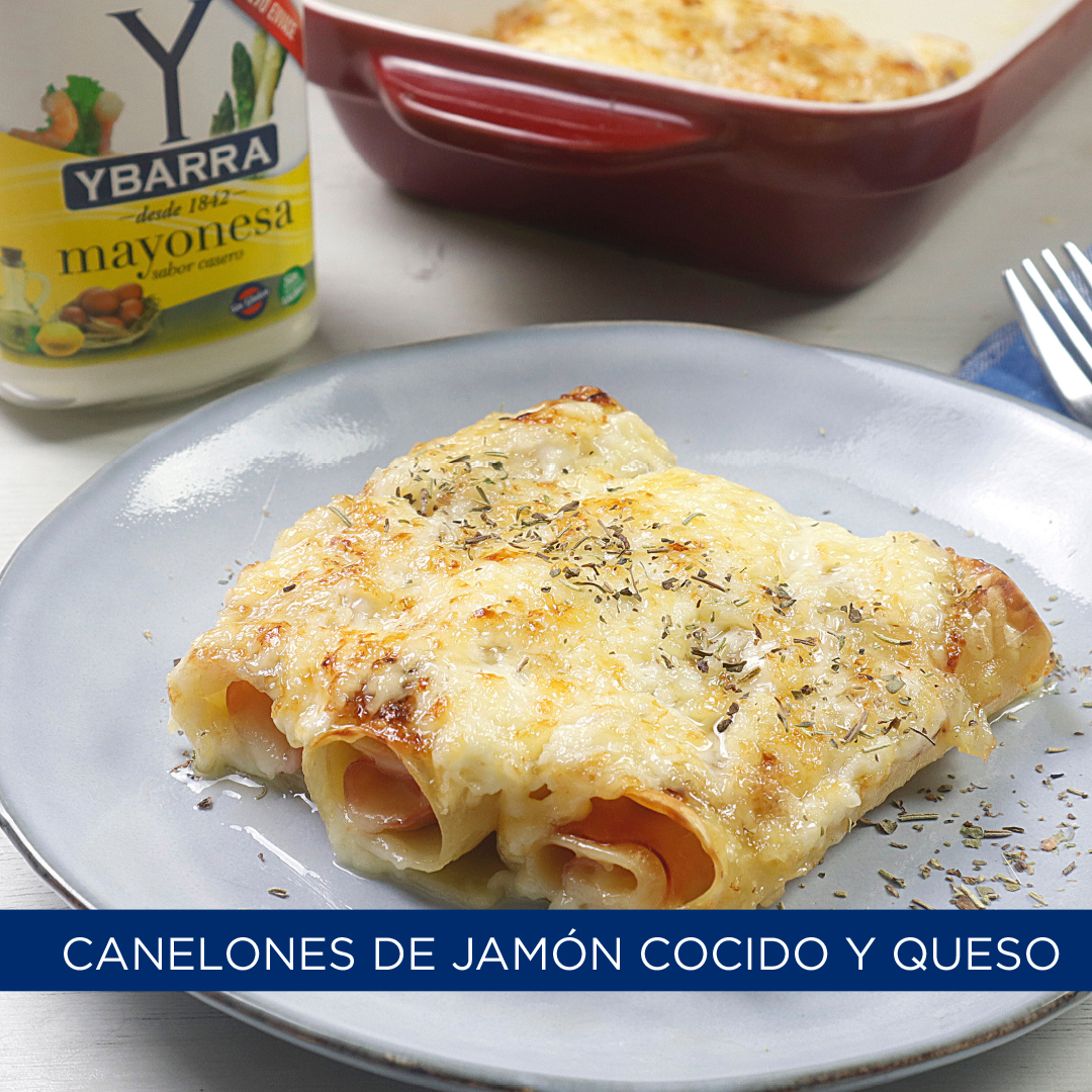 Canelones de jamón cocido y queso con mayonesa