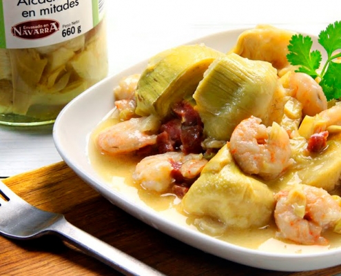 recetas ybarra alcachofas con langostinos y jamón