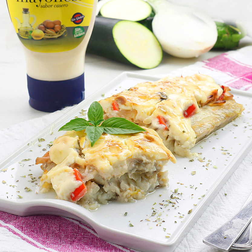 Corvina con costra de mayonesa y verduras