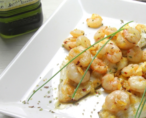 recetas ybarra dorada con gamas al ajillo y aceite virgen extra