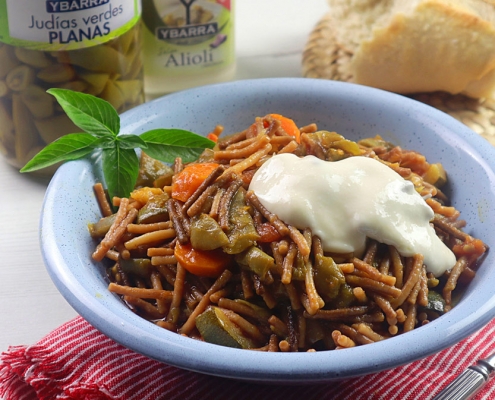 receta ybarra de fideos con verduras, judias verdes y alioli