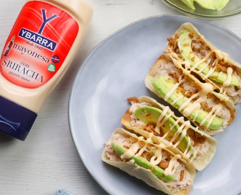 recetas ybarra mini tacos de aguacate y atun con mayonesa y salsa sriracha