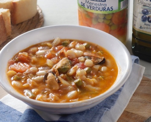 guiso de alubias con mejillones